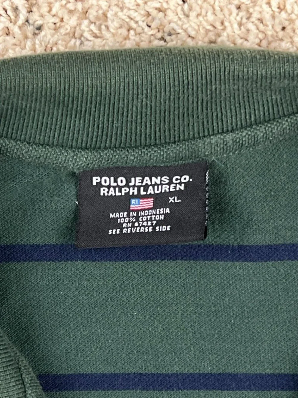 Ralph Lauren Polo Jeans Green Blue Striped Mens Short Sleeve Polo Shirt Size XL